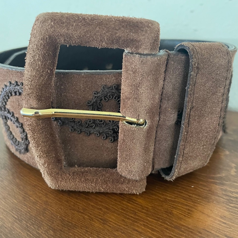 Vintage MAX MARA Belt Microsuede Embroidered Loop Design Wide Big Buckle *READ - Picture 4 of 15